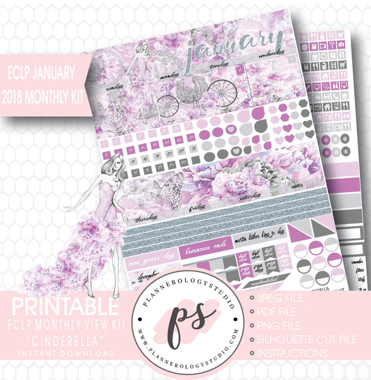 Cinderella January 2018 Monthly View Kit Printable Planner Stickers (for use with ECLP) - Plannerologystudio