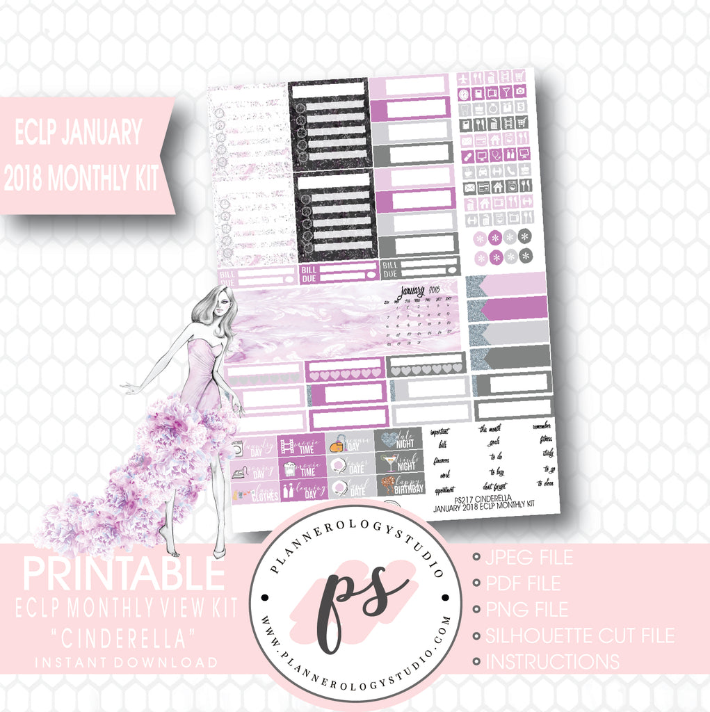 Cinderella January 2018 Monthly View Kit Printable Planner Stickers (for use with ECLP) - Plannerologystudio