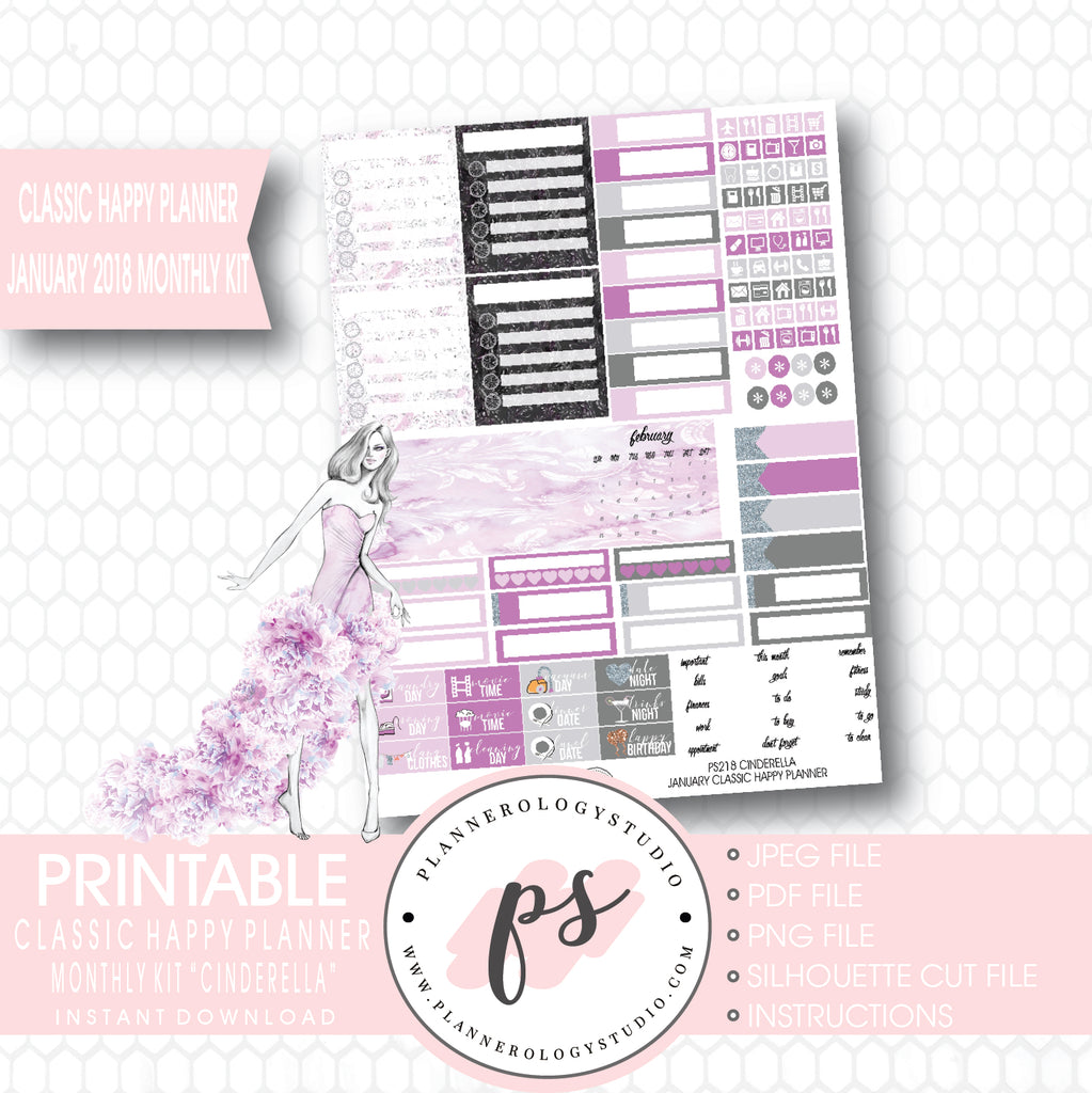 Cinderella January 2018 Monthly View Kit Printable Planner Stickers (for use with Classic Happy Planner) - Plannerologystudio