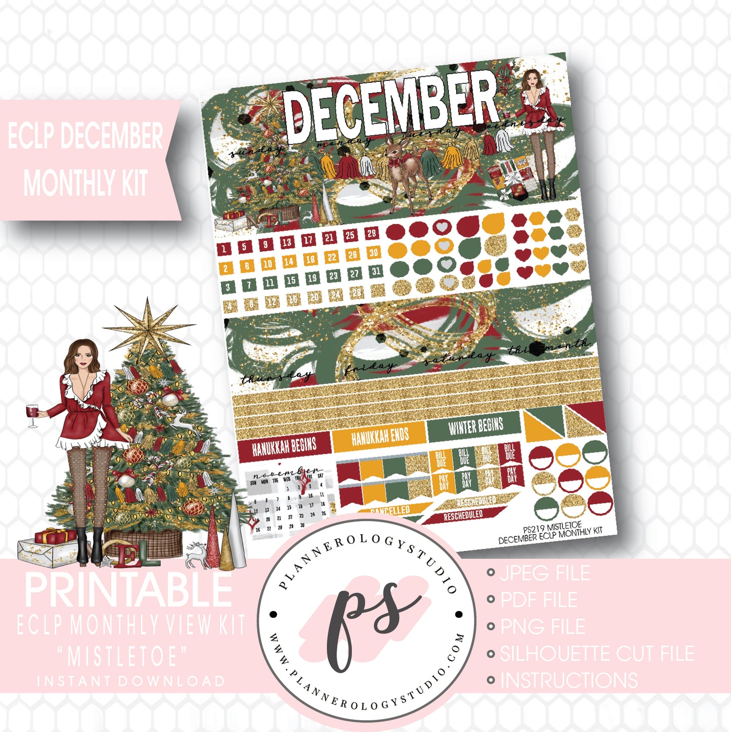 Mistletoe Christmas December 2017 Monthly View Kit Printable Planner Stickers (for use with ECLP) - Plannerologystudio
