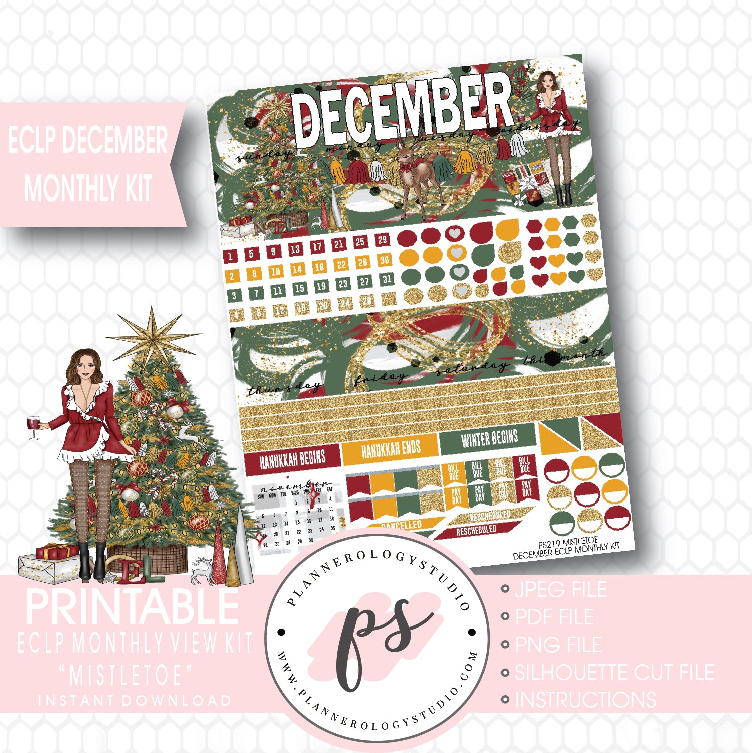 Mistletoe Christmas December 2017 Monthly View Kit Printable Planner Stickers (for use with ECLP) - Plannerologystudio