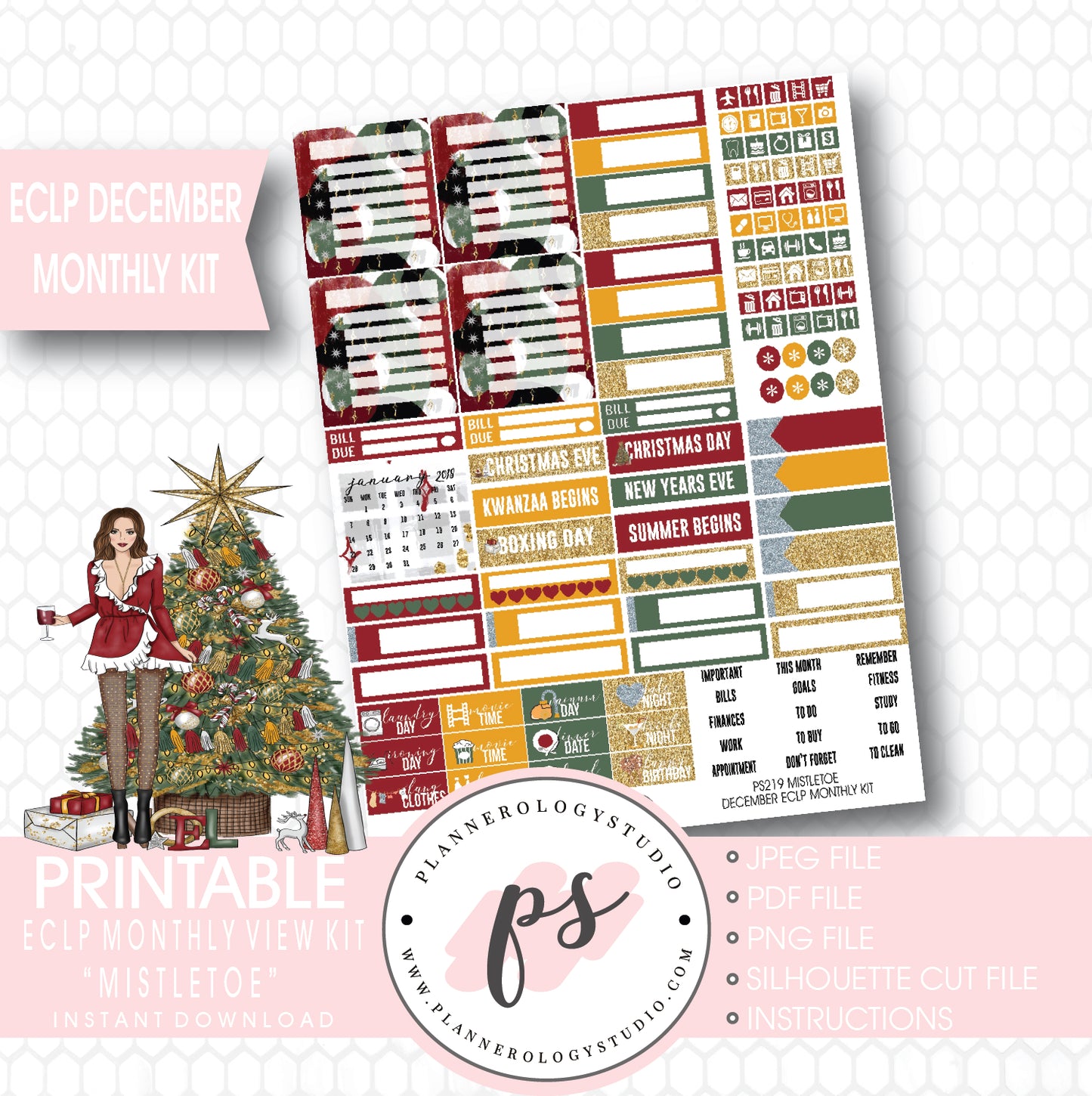 Mistletoe Christmas December 2017 Monthly View Kit Printable Planner Stickers (for use with ECLP) - Plannerologystudio