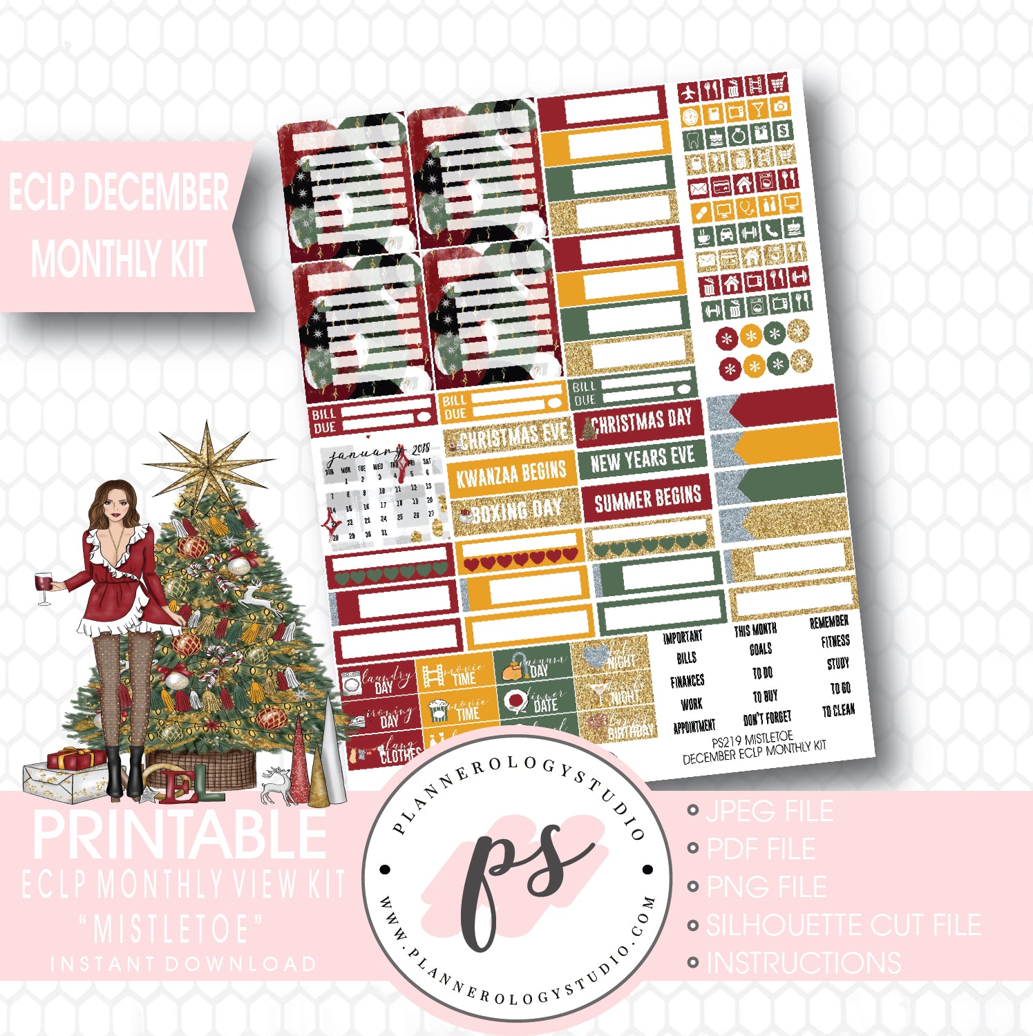 Mistletoe Christmas December 2017 Monthly View Kit Printable Planner Stickers (for use with ECLP) - Plannerologystudio