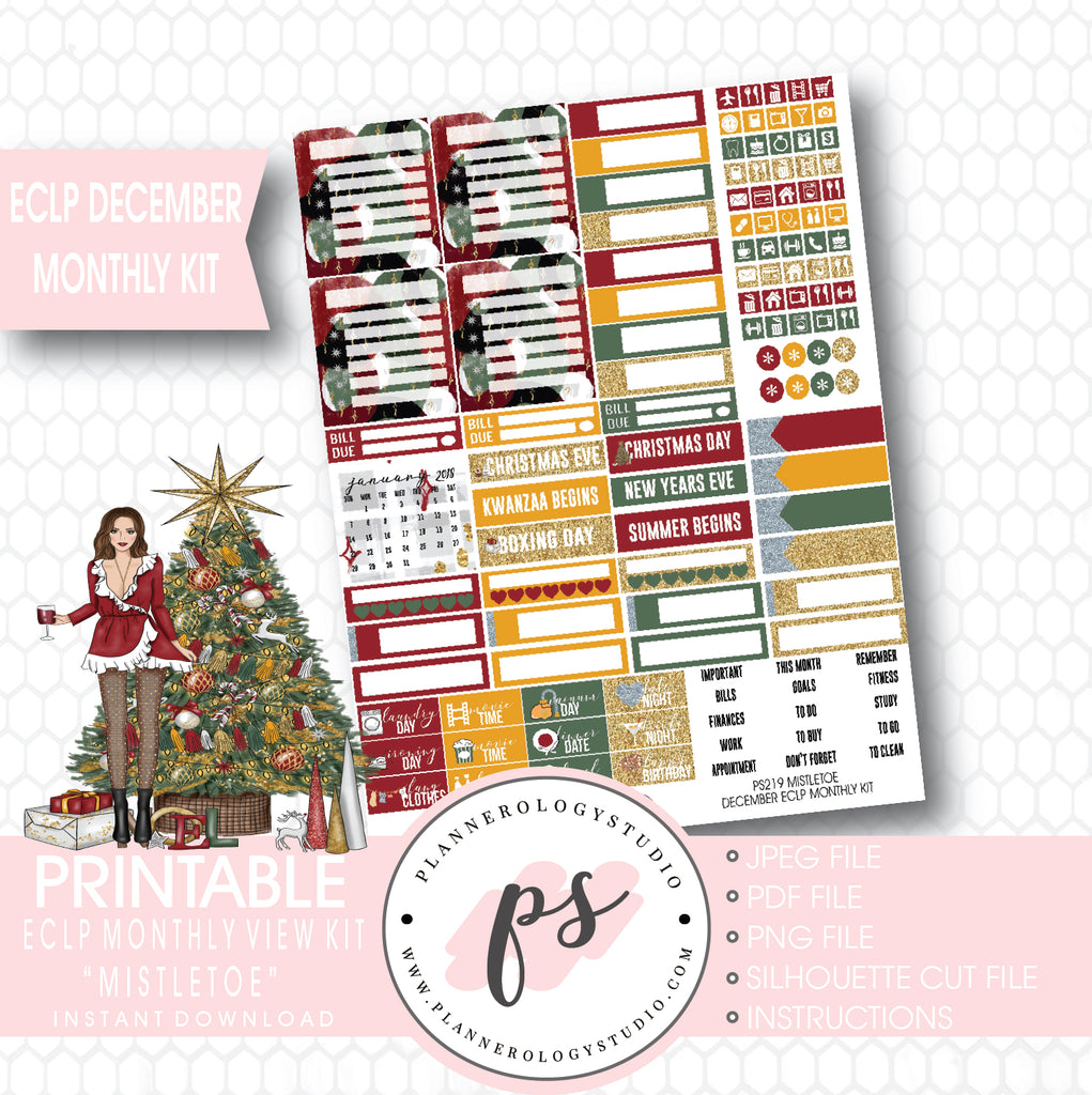 Mistletoe Christmas December 2017 Monthly View Kit Printable Planner Stickers (for use with ECLP) - Plannerologystudio