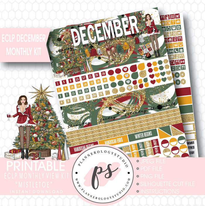 Mistletoe Christmas December 2017 Monthly View Kit Printable Planner Stickers (for use with ECLP) - Plannerologystudio