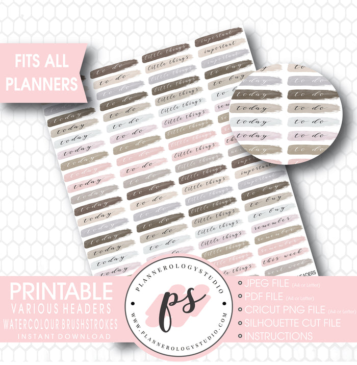 Watercolour Brushstrokes Headers (Today, To Do, Little Things, etc) Printable Planner Stickers - Plannerologystudio