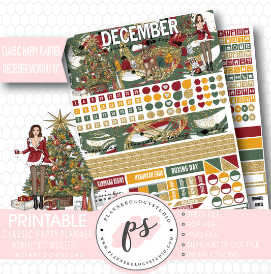 Mistletoe Christmas December 2017 Monthly View Kit Printable Planner Stickers (for use with Classic Happy Planner) - Plannerologystudio