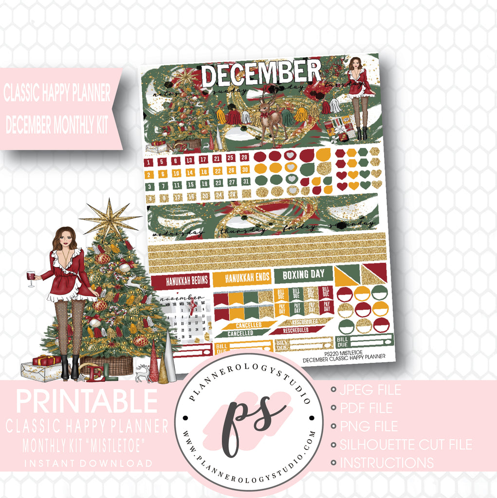 Mistletoe Christmas December 2017 Monthly View Kit Printable Planner Stickers (for use with Classic Happy Planner) - Plannerologystudio