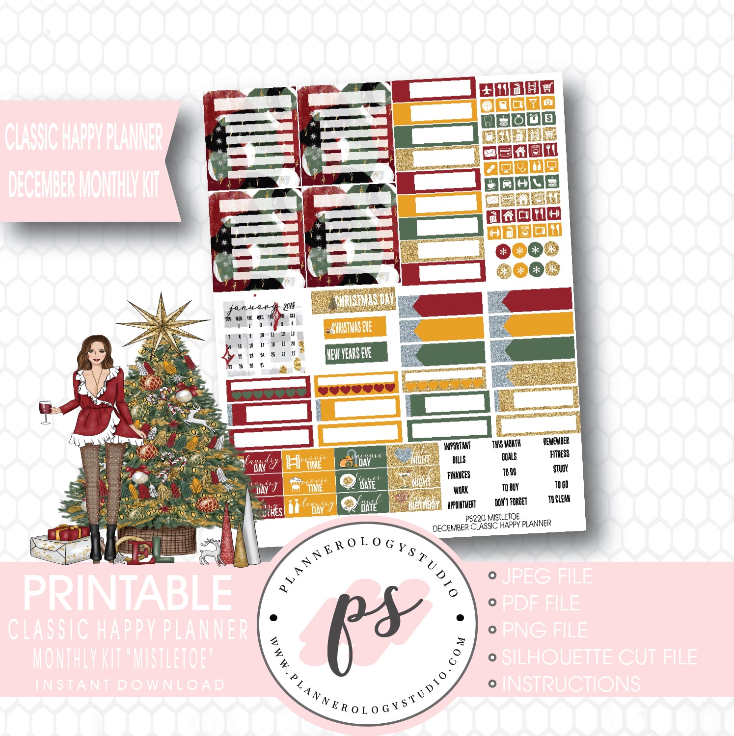 Mistletoe Christmas December 2017 Monthly View Kit Printable Planner Stickers (for use with Classic Happy Planner) - Plannerologystudio