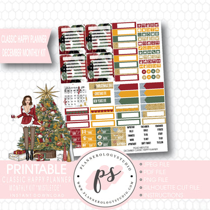 Mistletoe Christmas December 2017 Monthly View Kit Printable Planner Stickers (for use with Classic Happy Planner) - Plannerologystudio