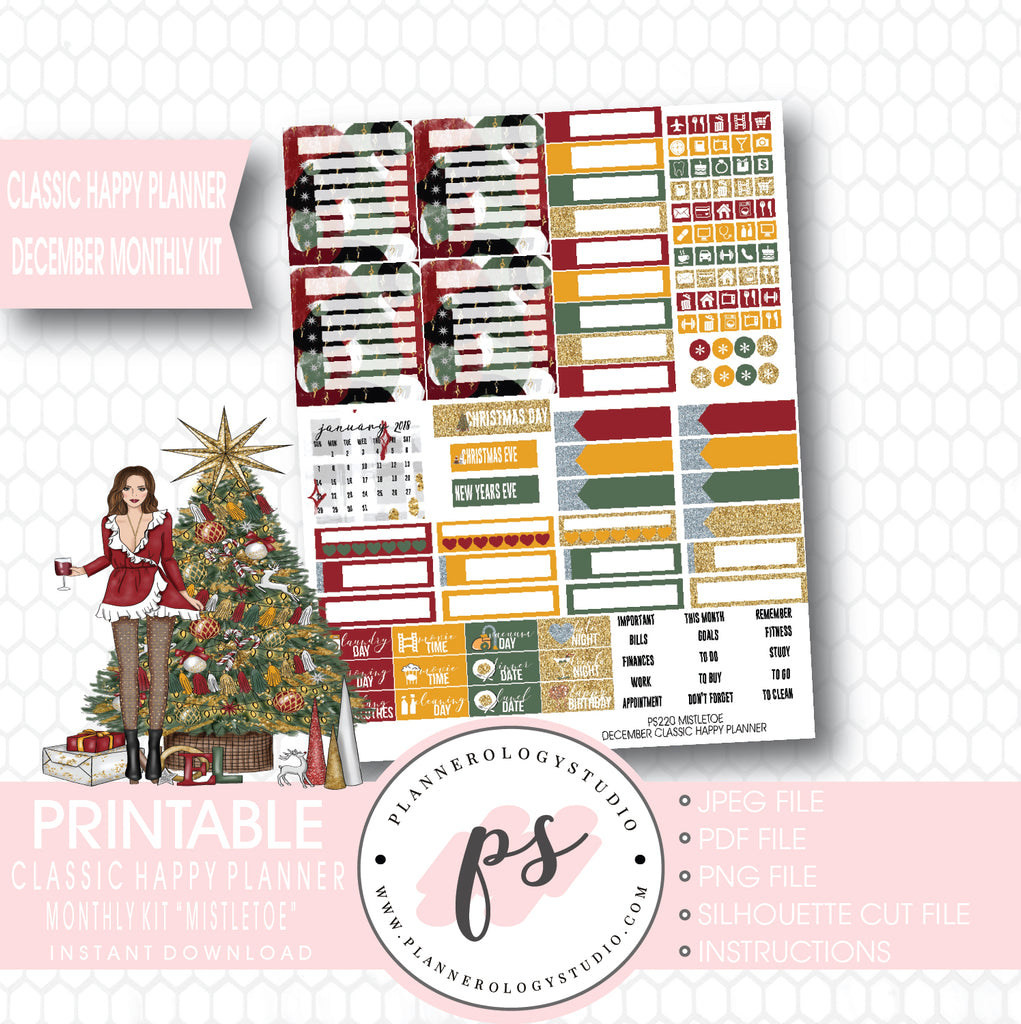 Mistletoe Christmas December 2017 Monthly View Kit Printable Planner Stickers (for use with Classic Happy Planner) - Plannerologystudio