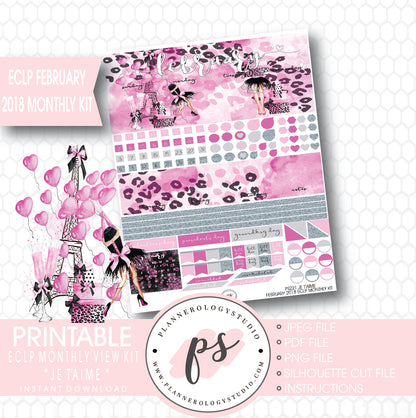Je T'aime Valentine's Day February 2018 Monthly View Kit Printable Planner Stickers (for use with ECLP) - Plannerologystudio