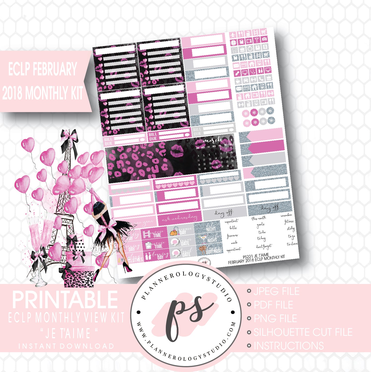 Je T'aime Valentine's Day February 2018 Monthly View Kit Printable Planner Stickers (for use with ECLP) - Plannerologystudio