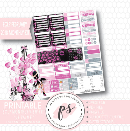Je T'aime Valentine's Day February 2018 Monthly View Kit Printable Planner Stickers (for use with ECLP) - Plannerologystudio