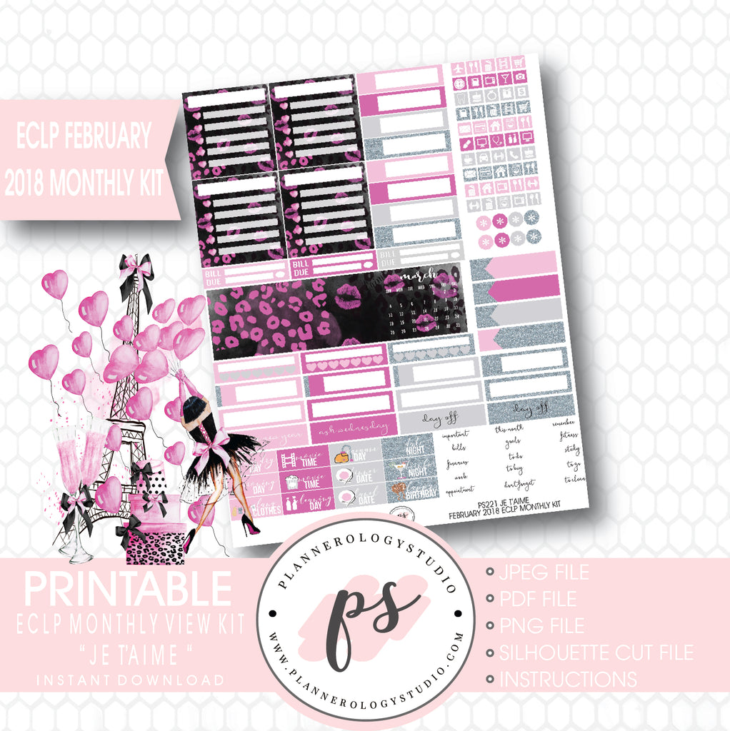Je T'aime Valentine's Day February 2018 Monthly View Kit Printable Planner Stickers (for use with ECLP) - Plannerologystudio