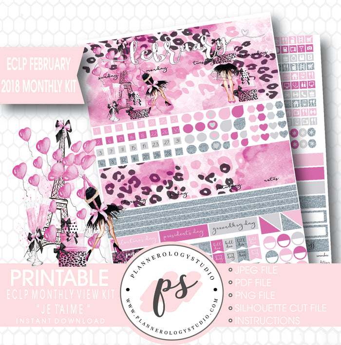 Je T'aime Valentine's Day February 2018 Monthly View Kit Printable Planner Stickers (for use with ECLP) - Plannerologystudio