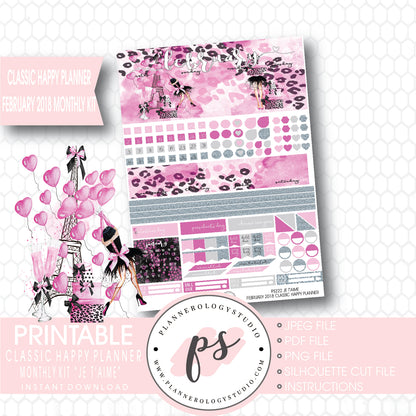 Je T'aime Valentine's Day February 2018 Monthly View Kit Printable Planner Stickers (for use with Classic Happy Planner) - Plannerologystudio