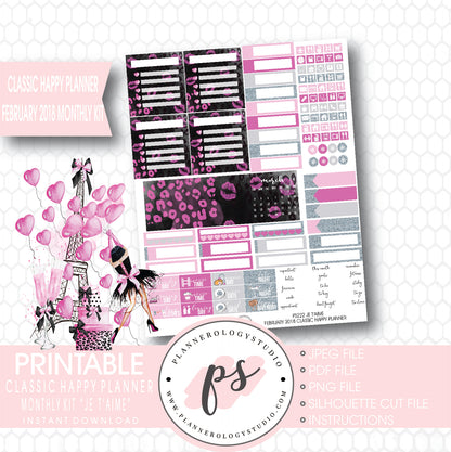 Je T'aime Valentine's Day February 2018 Monthly View Kit Printable Planner Stickers (for use with Classic Happy Planner) - Plannerologystudio