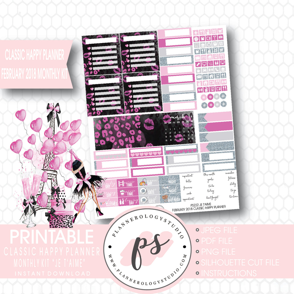 Je T'aime Valentine's Day February 2018 Monthly View Kit Printable Planner Stickers (for use with Classic Happy Planner) - Plannerologystudio