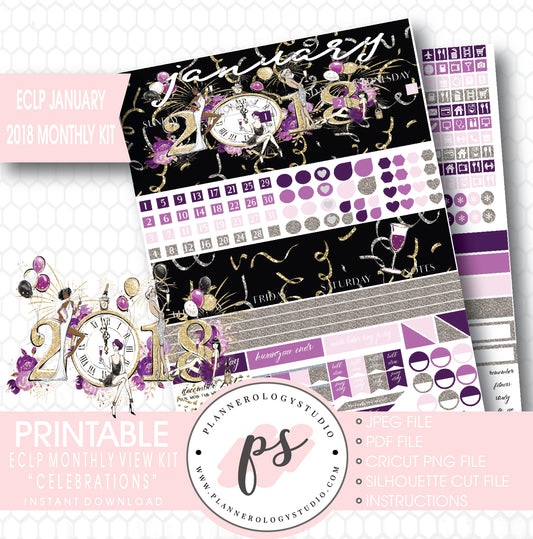 Celebrations New Year's January 2018 Monthly View Kit Printable Planner Stickers (for use with ECLP) - Plannerologystudio