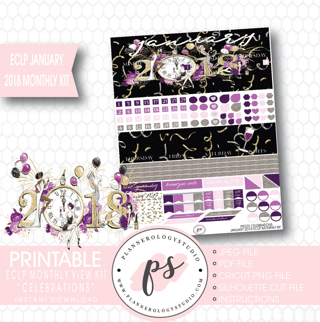 Celebrations New Year's January 2018 Monthly View Kit Printable Planner Stickers (for use with ECLP) - Plannerologystudio