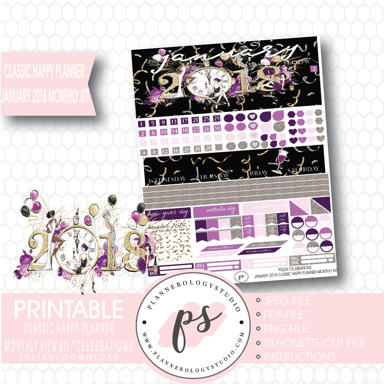 Celebrations New Year's January 2018 Monthly View Kit Printable Planner Stickers (for use with Classic Happy Planner) - Plannerologystudio