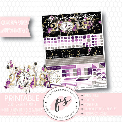 Celebrations New Year's January 2018 Monthly View Kit Printable Planner Stickers (for use with Classic Happy Planner) - Plannerologystudio