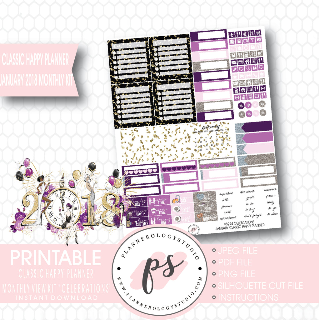 Celebrations New Year's January 2018 Monthly View Kit Printable Planner Stickers (for use with Classic Happy Planner) - Plannerologystudio