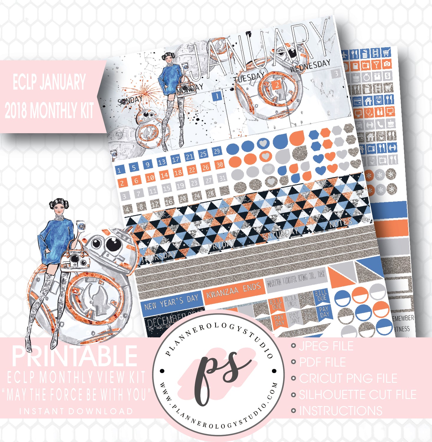 May the Force Be With You January 2018 Monthly View Kit Printable Planner Stickers (for use with ECLP) - Plannerologystudio