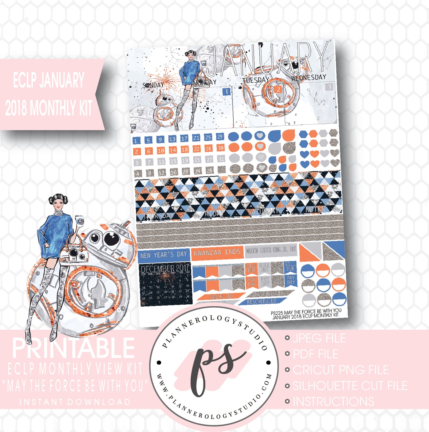 May the Force Be With You January 2018 Monthly View Kit Printable Planner Stickers (for use with ECLP) - Plannerologystudio