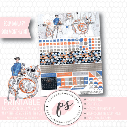May the Force Be With You January 2018 Monthly View Kit Printable Planner Stickers (for use with ECLP) - Plannerologystudio