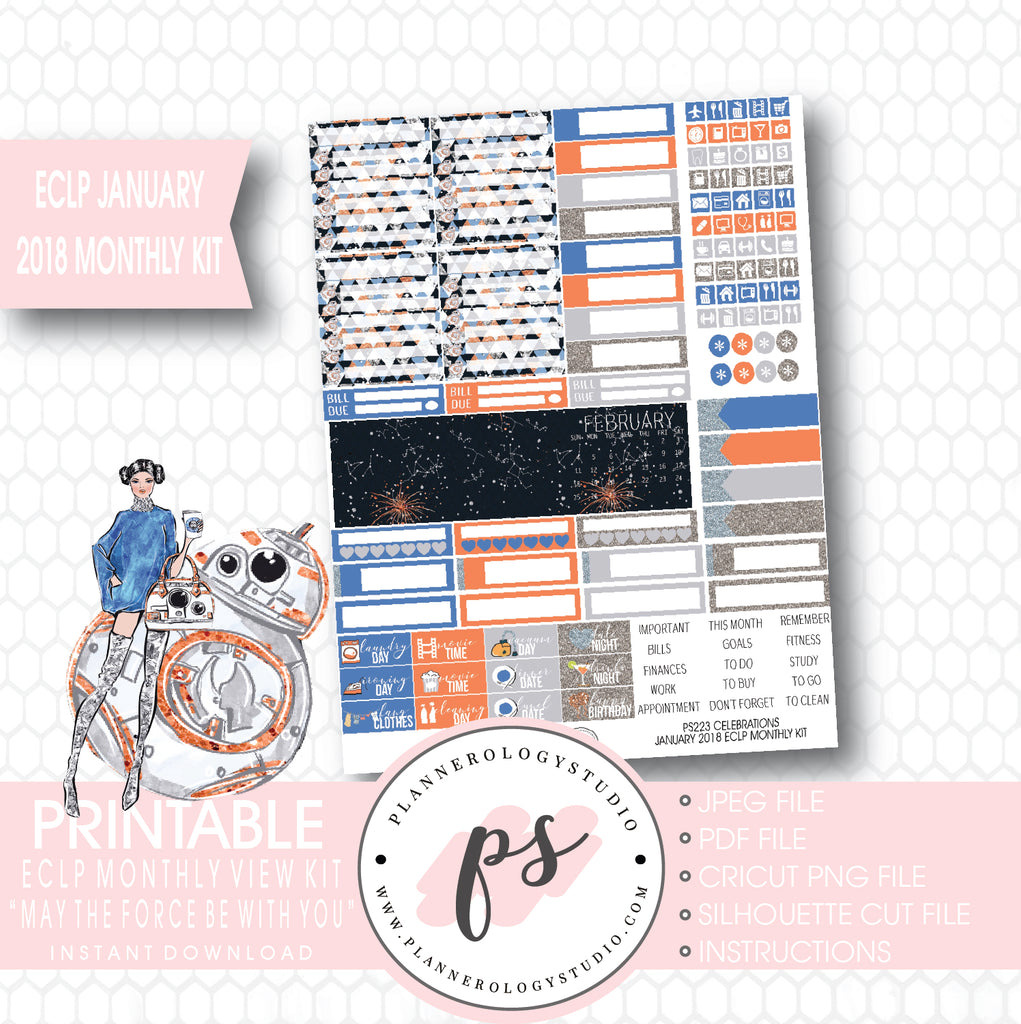 May the Force Be With You January 2018 Monthly View Kit Printable Planner Stickers (for use with ECLP) - Plannerologystudio