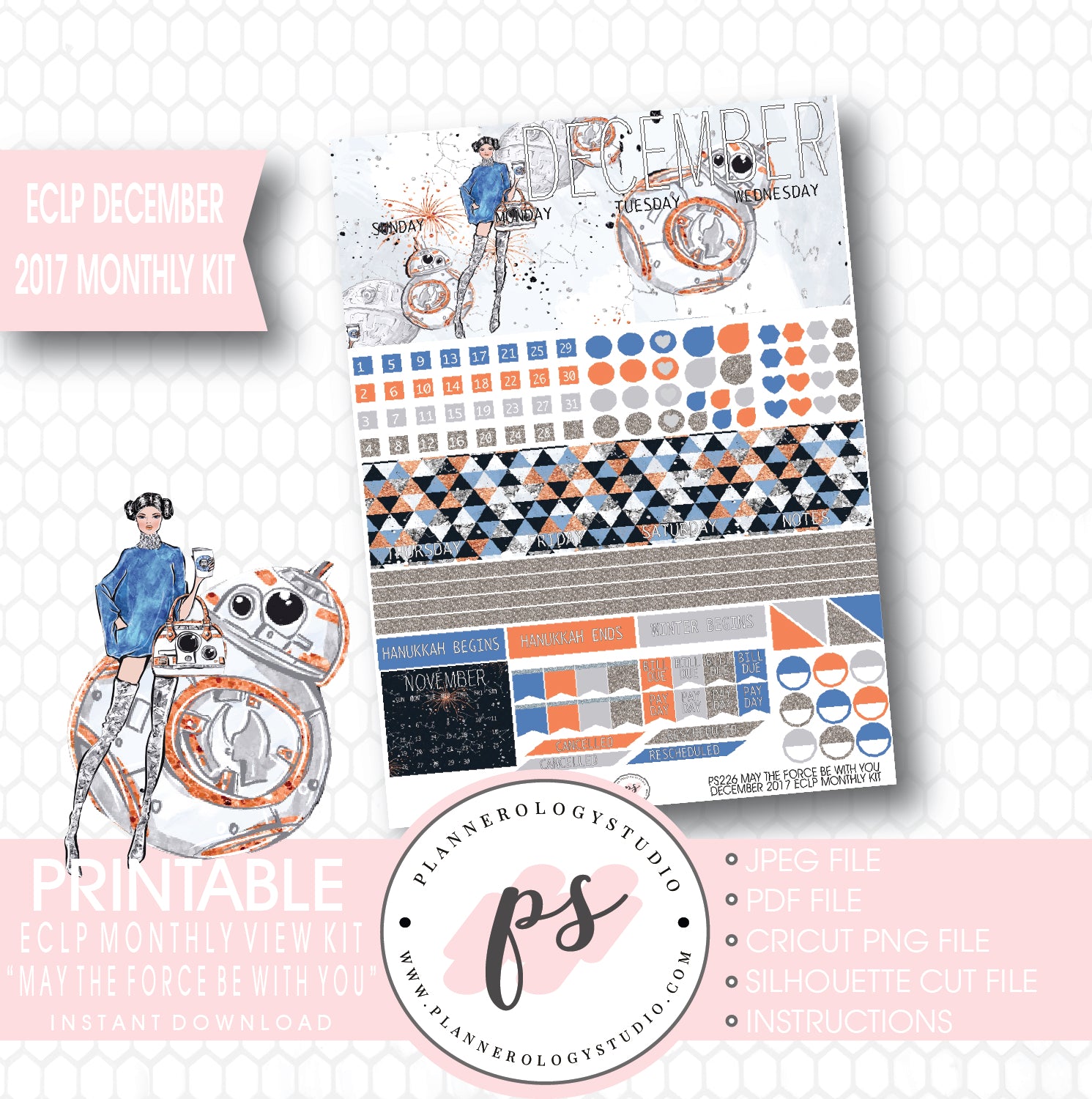 May the Force Be With You December 2017 Monthly View Kit Printable Planner Stickers (for use with ECLP) - Plannerologystudio