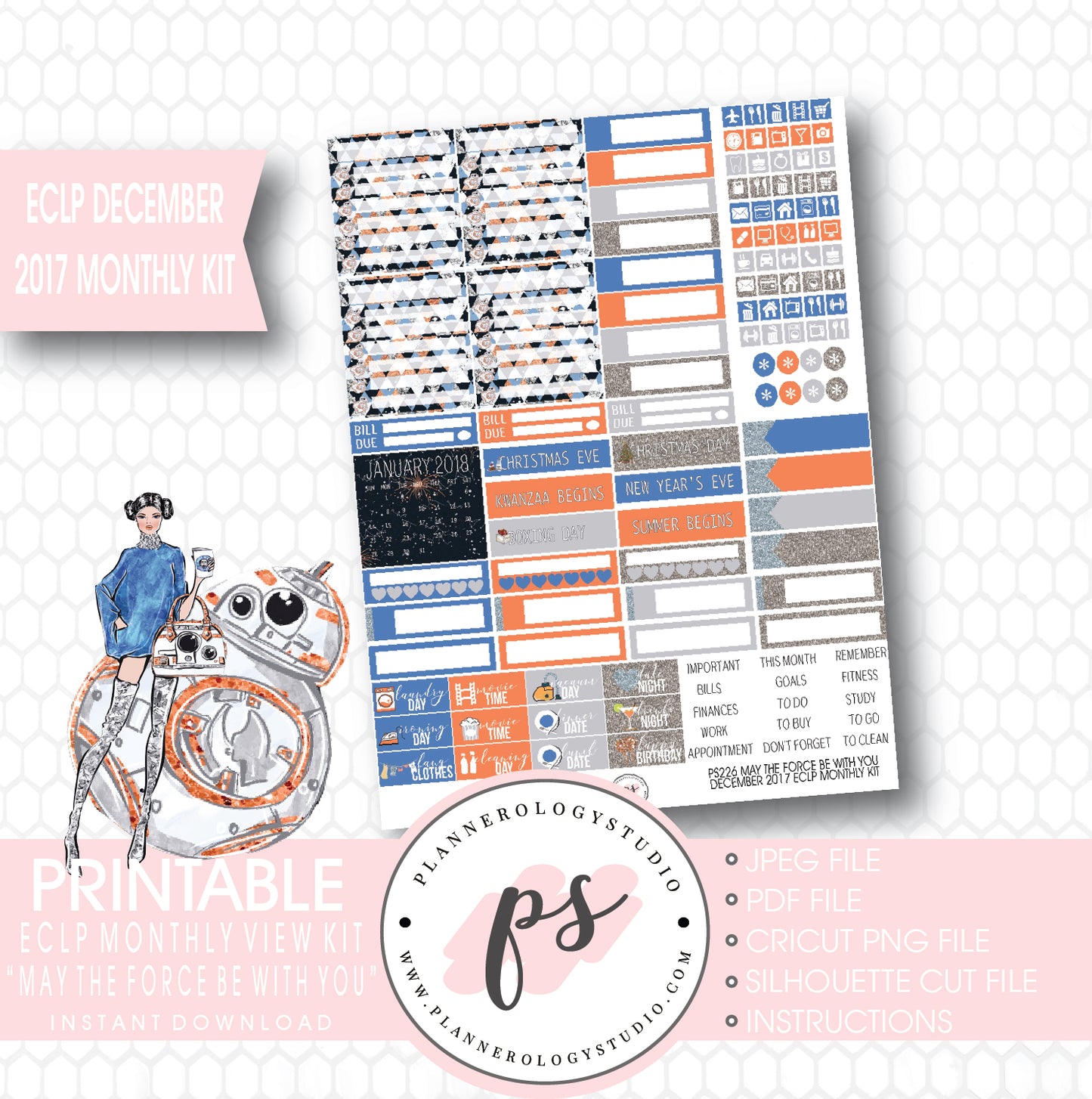 May the Force Be With You December 2017 Monthly View Kit Printable Planner Stickers (for use with ECLP) - Plannerologystudio