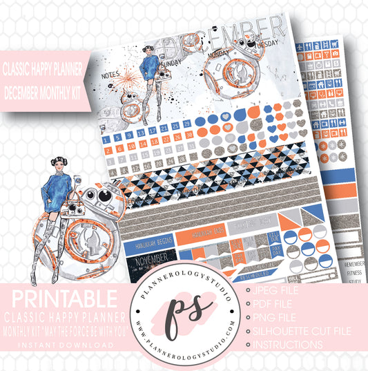 May the Force Be With You December 2017 Monthly View Kit Printable Planner Stickers (for use with Classic Happy Planner) - Plannerologystudio