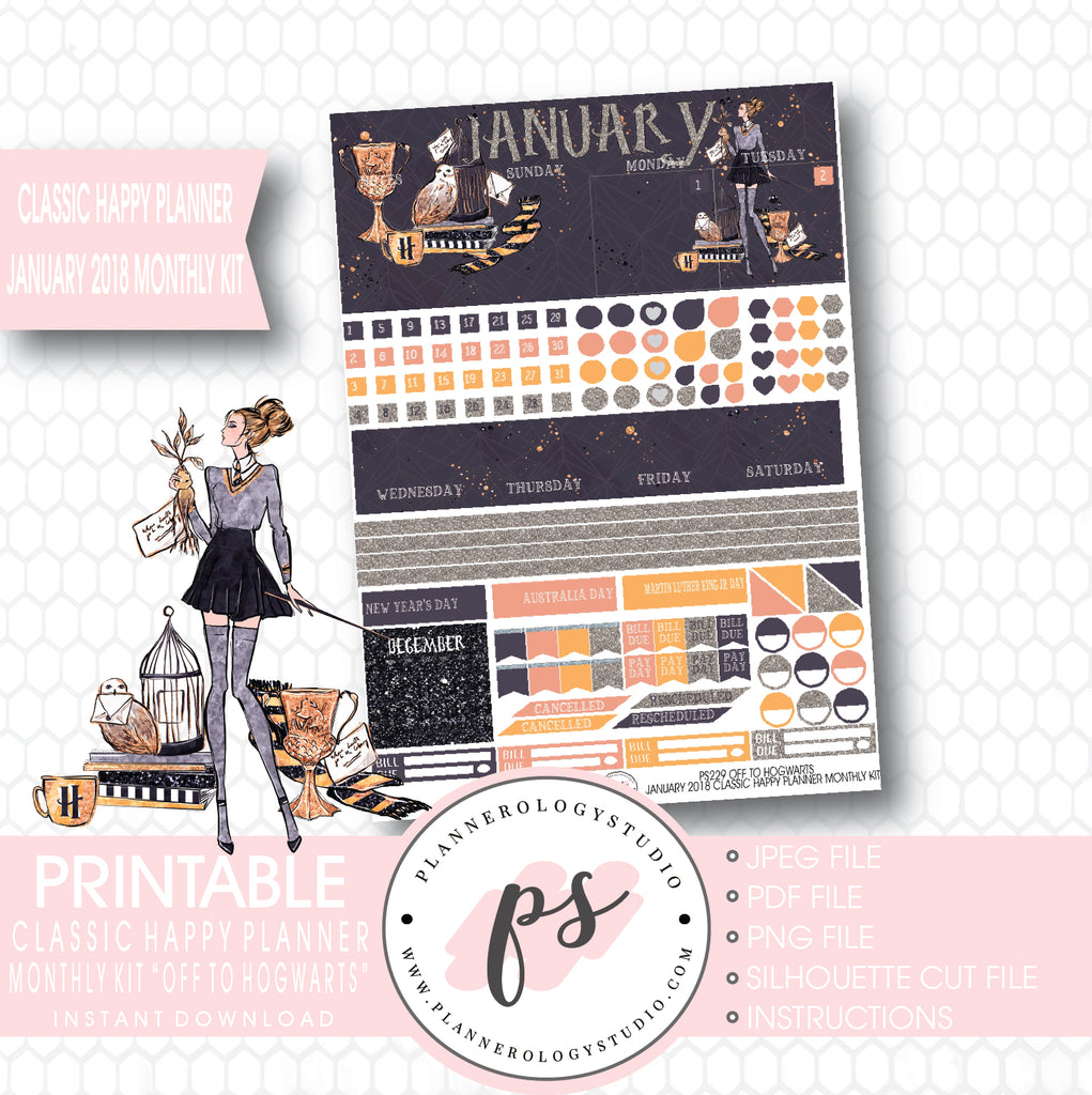 Off to Hogwarts (Harry Potter Theme) January 2018 Monthly View Kit Printable Planner Stickers (for use with Classic Happy Planner) - Plannerologystudio