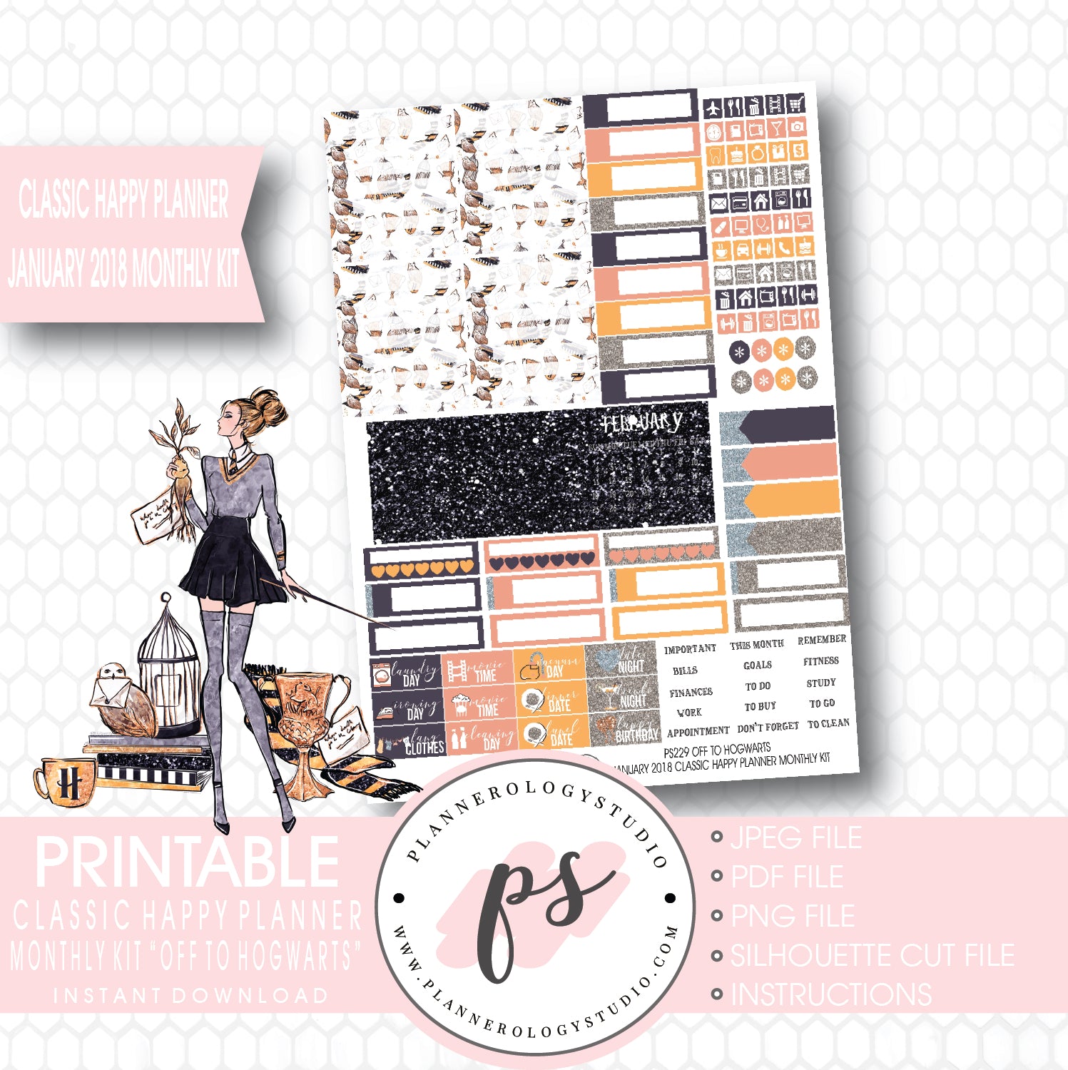 Off to Hogwarts (Harry Potter Theme) January 2018 Monthly View Kit Printable Planner Stickers (for use with Classic Happy Planner) - Plannerologystudio