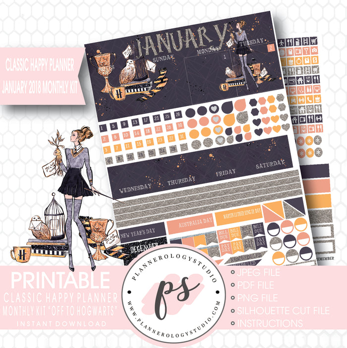 Off to Hogwarts (Harry Potter Theme) January 2018 Monthly View Kit Printable Planner Stickers (for use with Classic Happy Planner) - Plannerologystudio