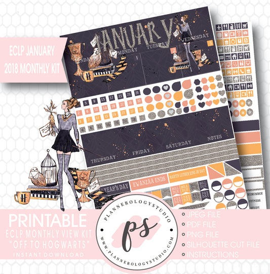 Off to Hogwarts (Harry Potter Theme) January 2018 Monthly View Kit Printable Planner Stickers (for use with ECLP) - Plannerologystudio