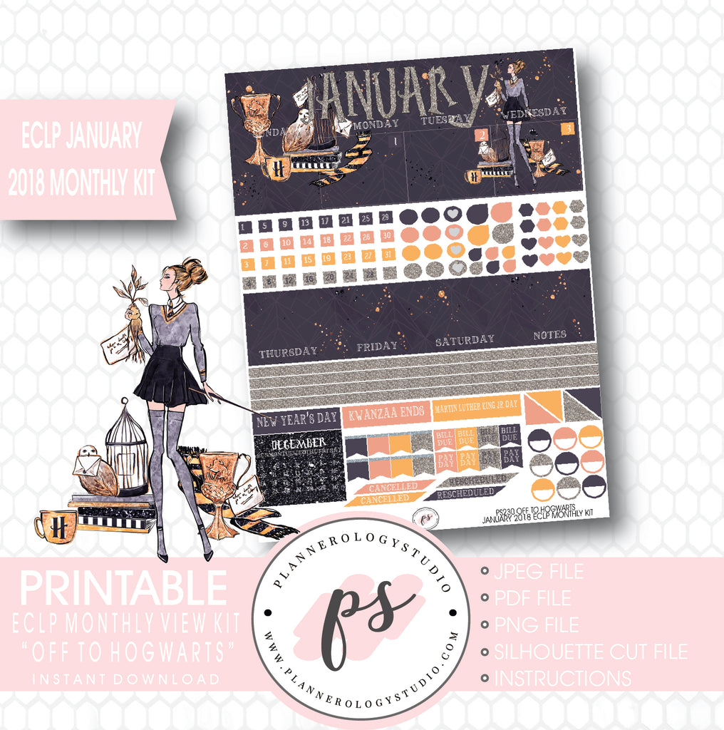 Off to Hogwarts (Harry Potter Theme) January 2018 Monthly View Kit Printable Planner Stickers (for use with ECLP) - Plannerologystudio