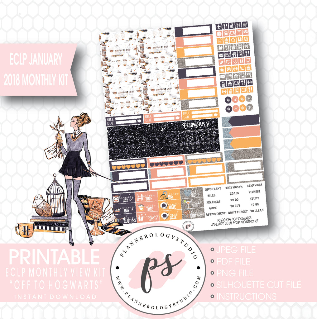 Off to Hogwarts (Harry Potter Theme) January 2018 Monthly View Kit Printable Planner Stickers (for use with ECLP) - Plannerologystudio