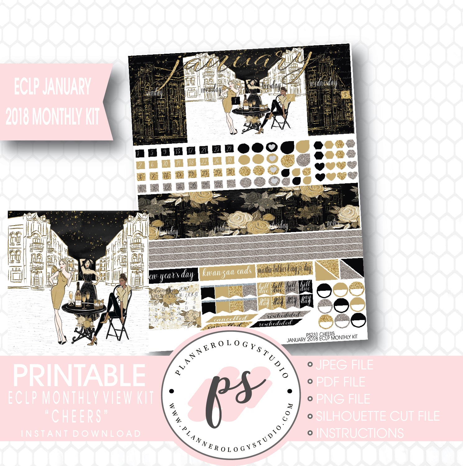 Cheers New Year's January 2018 Monthly View Kit Printable Planner Stickers (for use with ECLP) - Plannerologystudio
