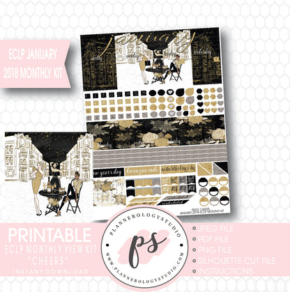Cheers New Year's January 2018 Monthly View Kit Printable Planner Stickers (for use with ECLP) - Plannerologystudio