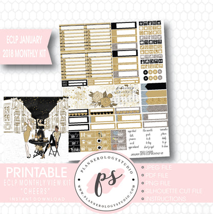 Cheers New Year's January 2018 Monthly View Kit Printable Planner Stickers (for use with ECLP) - Plannerologystudio