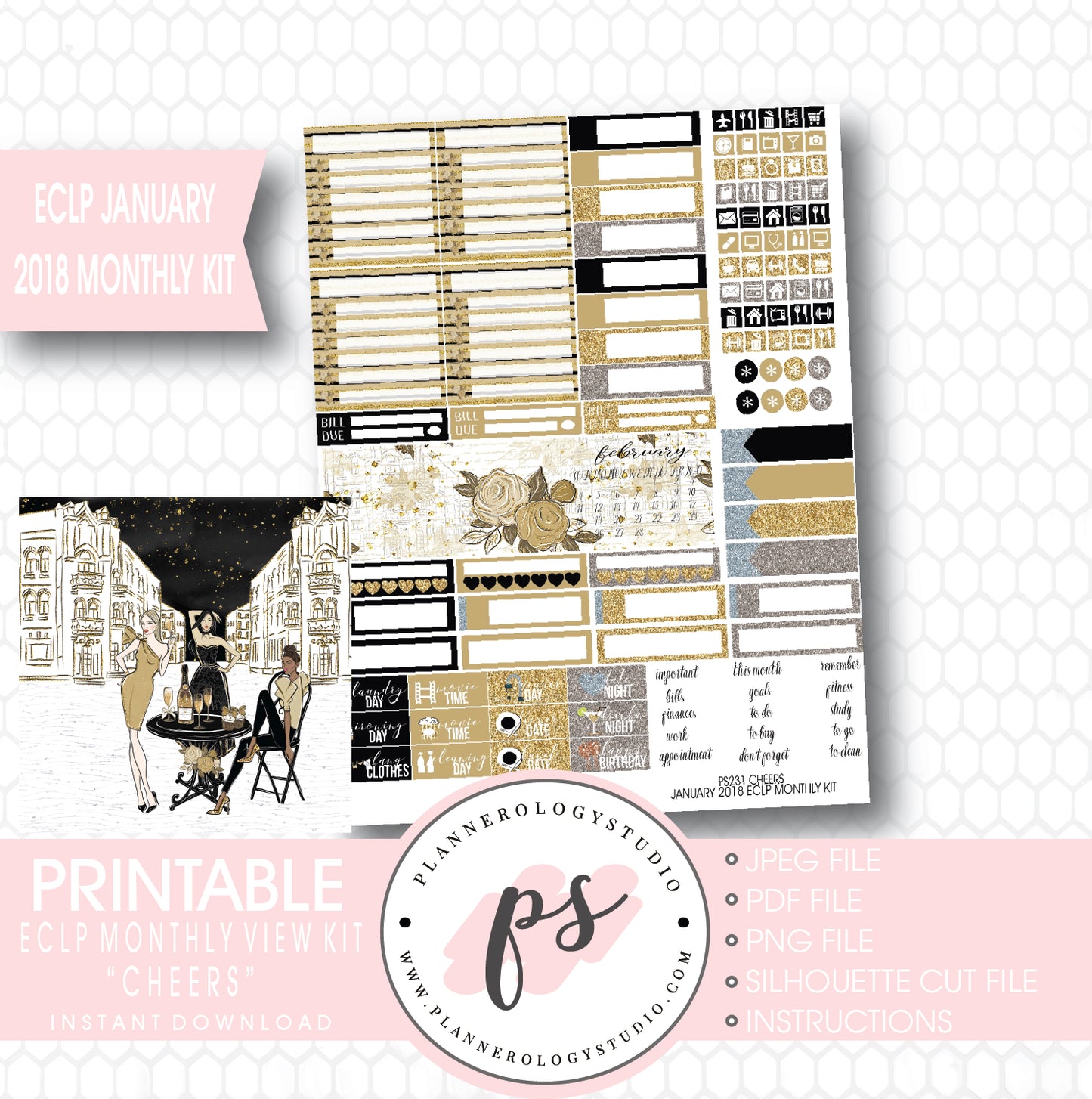 Cheers New Year's January 2018 Monthly View Kit Printable Planner Stickers (for use with ECLP) - Plannerologystudio