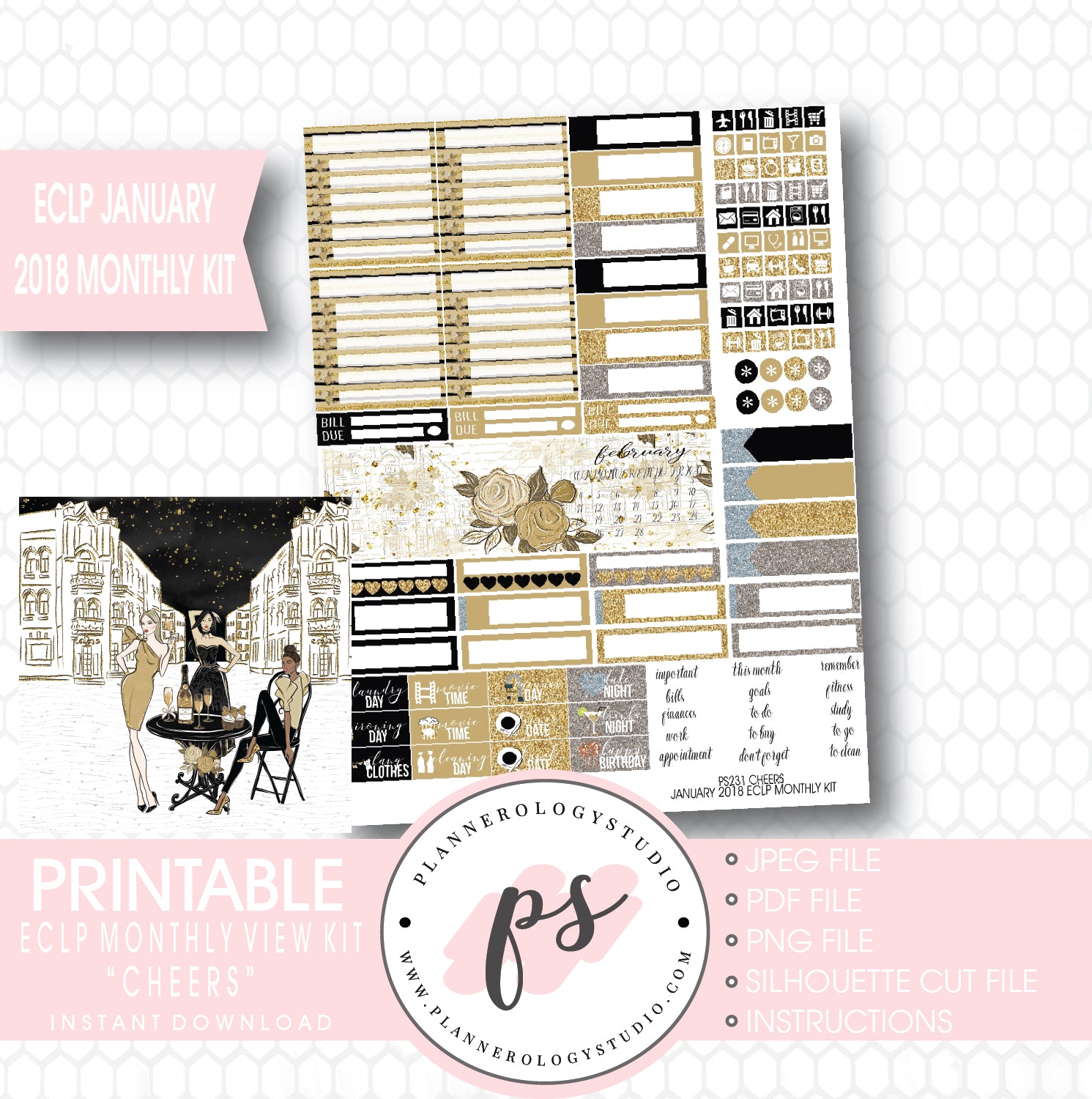 Cheers New Year's January 2018 Monthly View Kit Printable Planner Stickers (for use with ECLP) - Plannerologystudio