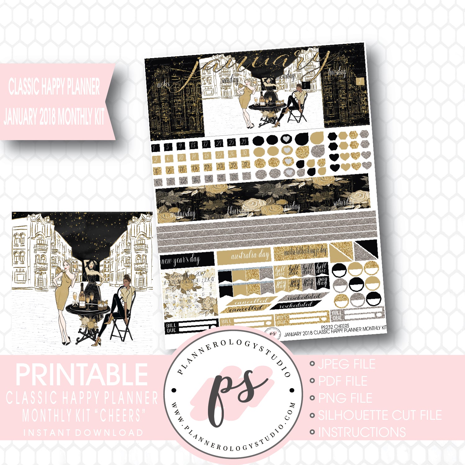 Cheers New Year's January 2018 Monthly View Kit Printable Planner Stickers (for use with Classic Happy Planner) - Plannerologystudio