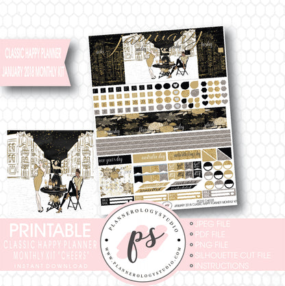 Cheers New Year's January 2018 Monthly View Kit Printable Planner Stickers (for use with Classic Happy Planner) - Plannerologystudio