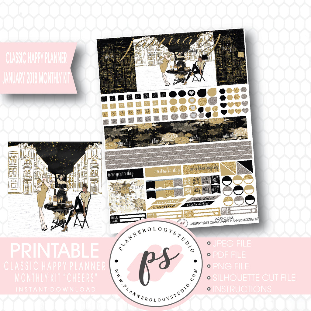 Cheers New Year's January 2018 Monthly View Kit Printable Planner Stickers (for use with Classic Happy Planner) - Plannerologystudio