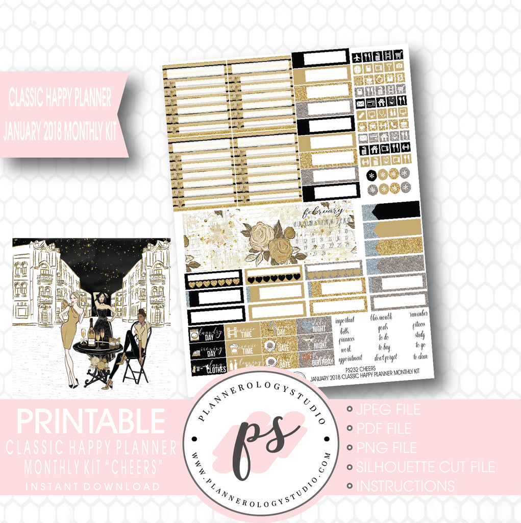 Cheers New Year's January 2018 Monthly View Kit Printable Planner Stickers (for use with Classic Happy Planner) - Plannerologystudio